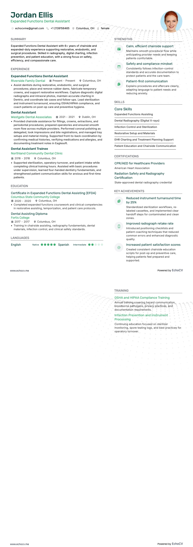 Expanded Functions Dental Assistant example resume