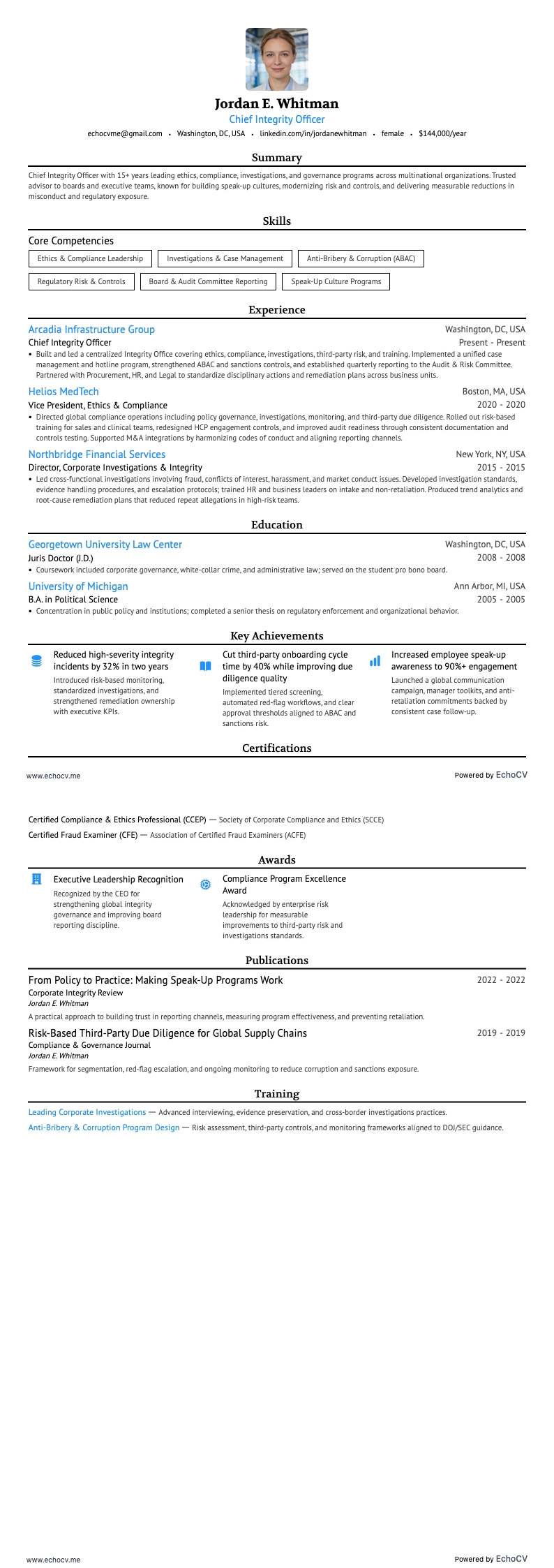 최고 청렴 책임자 example resume