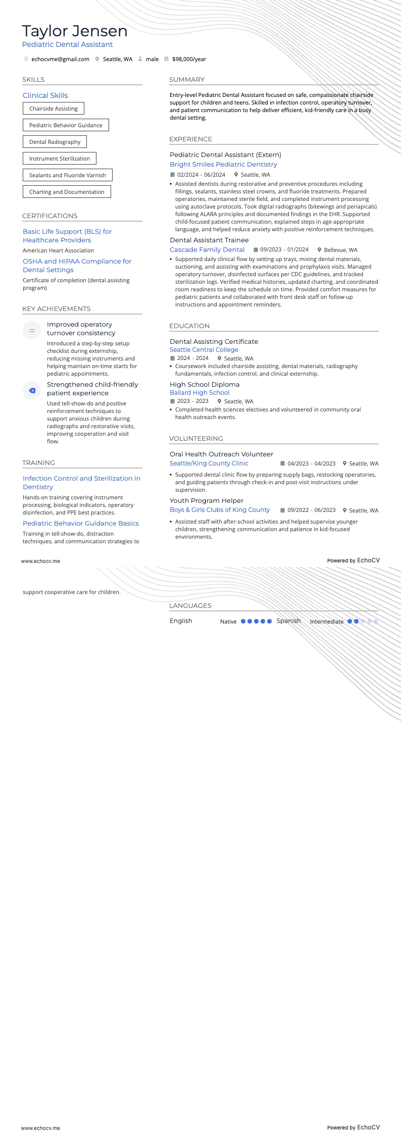 Pediatric Dental Assistant example resume