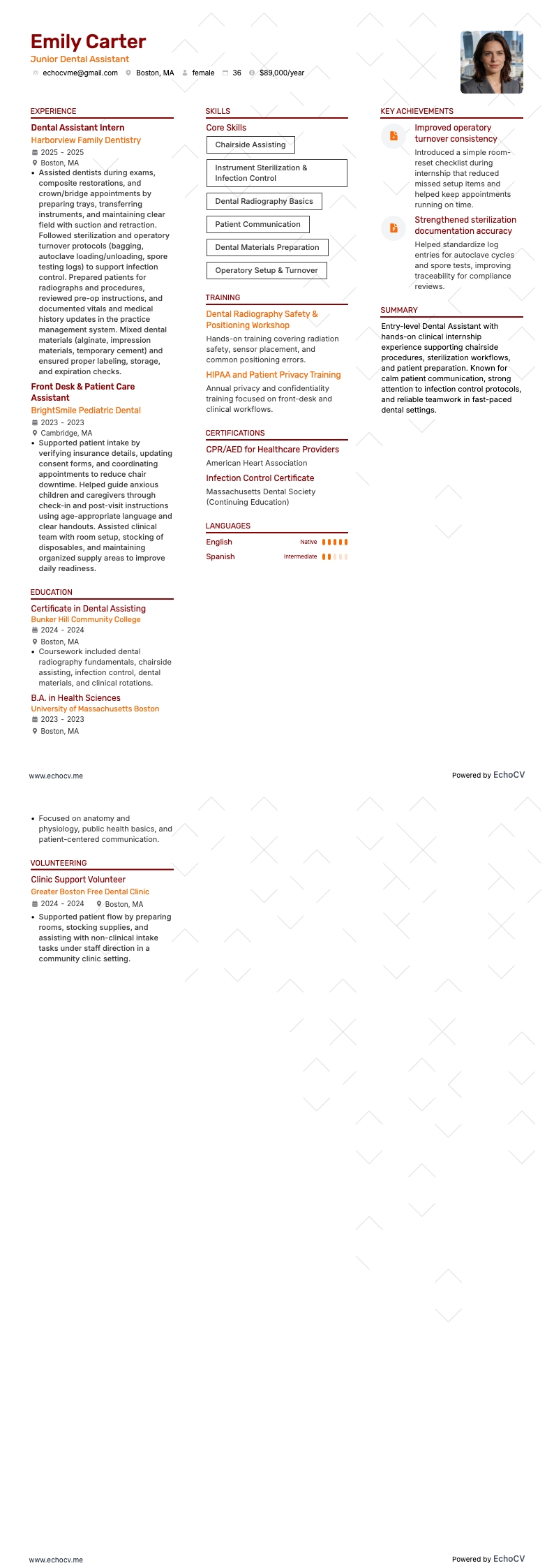 Junior Dental Assistant example resume