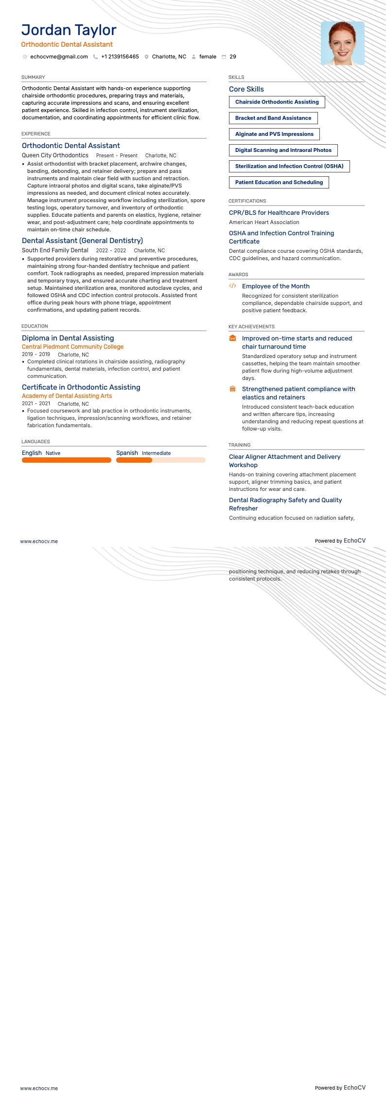 Assistant dentaire en orthodontie resume example