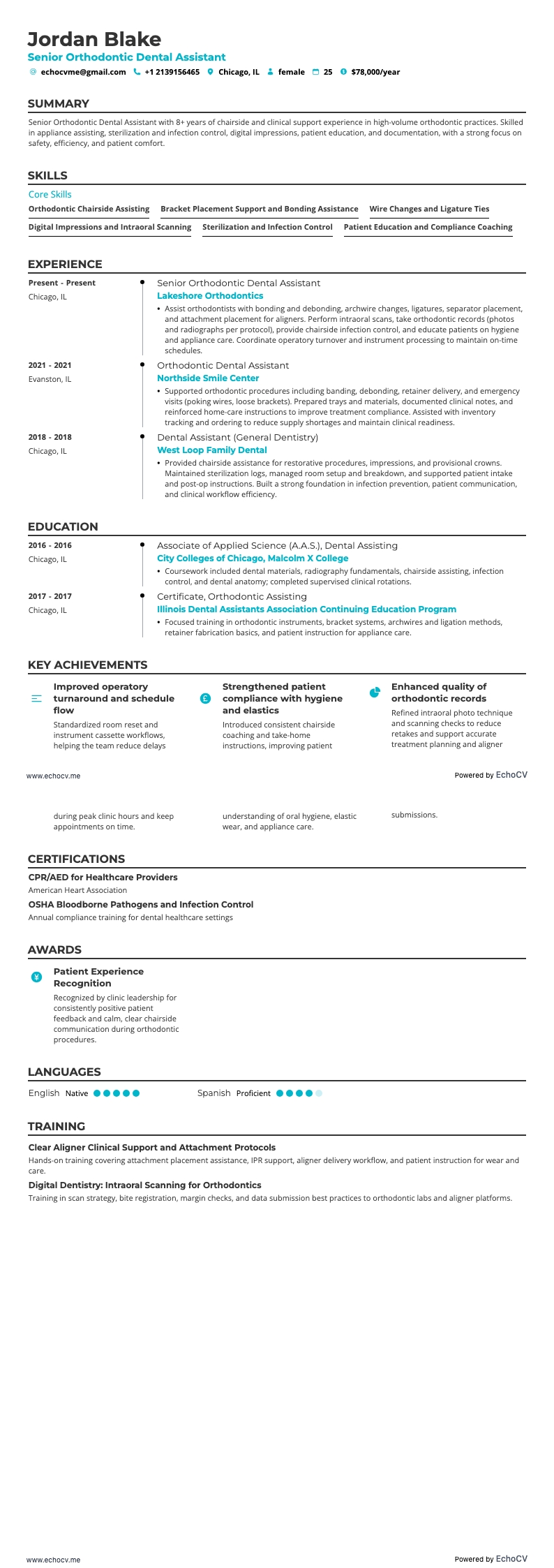 Assistante dentaire en orthodontie senior example resume