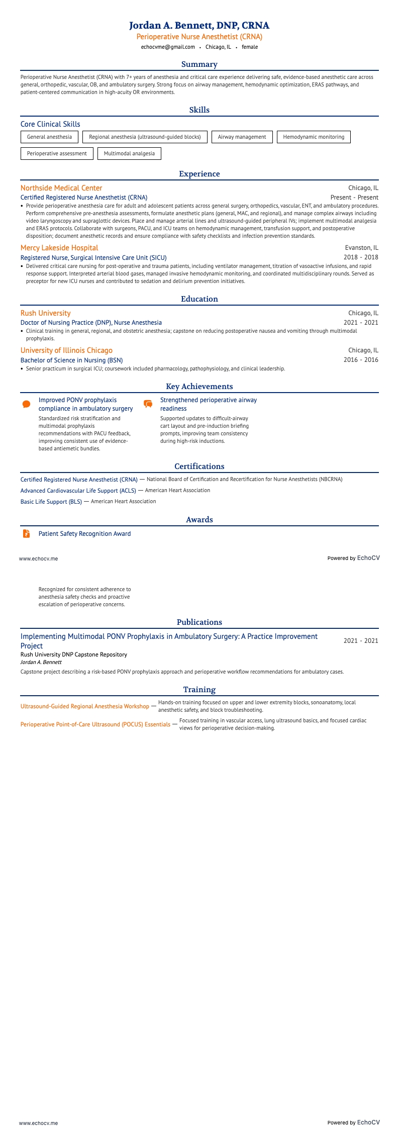 Perioperative Nurse Anesthetist example resume