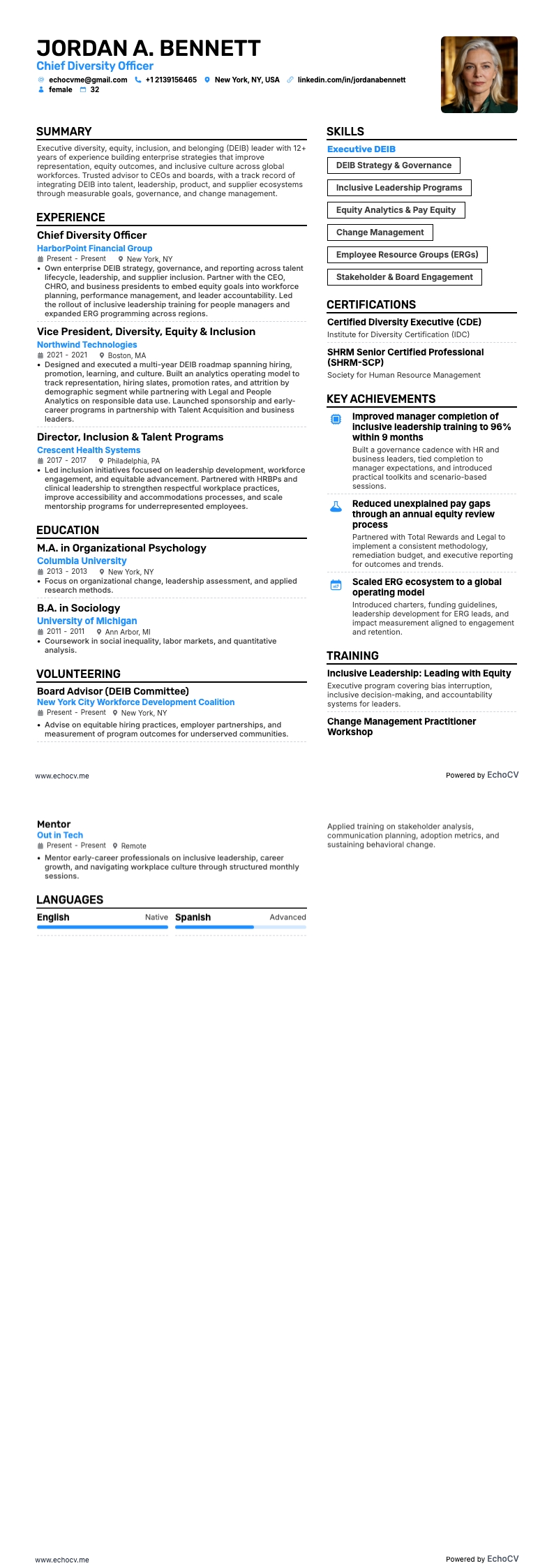 최고 다양성 책임자 example resume