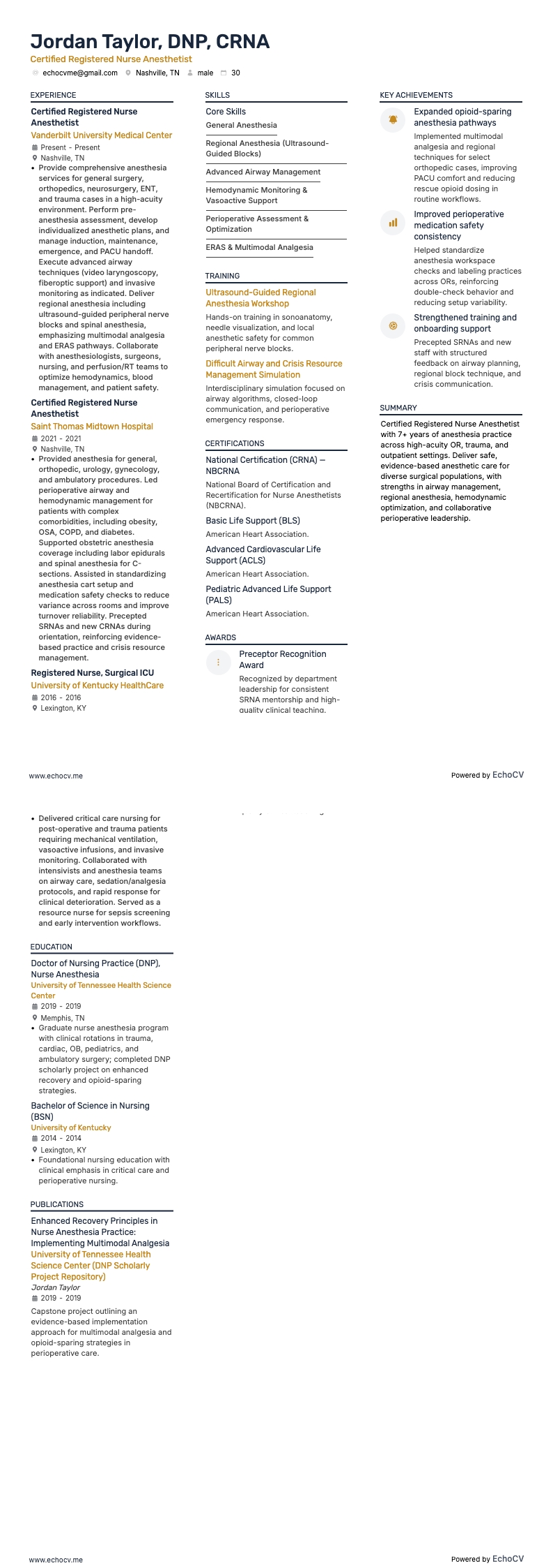 Certified Registered Nurse Anesthetist example resume