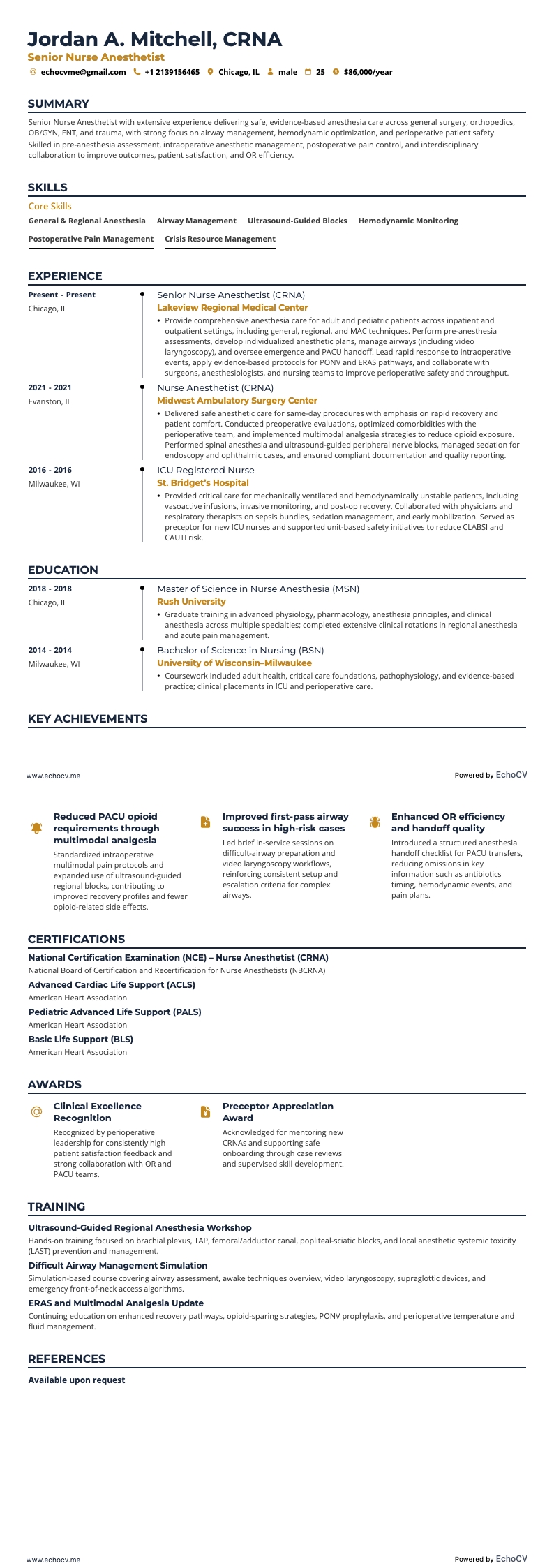 Senior Nurse Anesthetist example resume