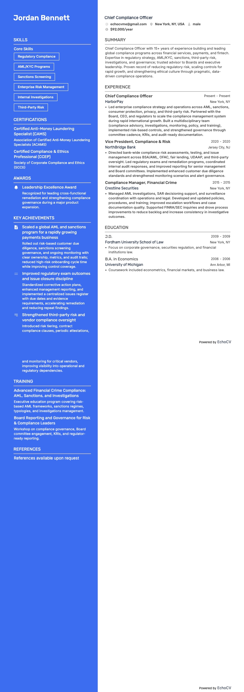 최고 컴플라이언스 책임자 example resume