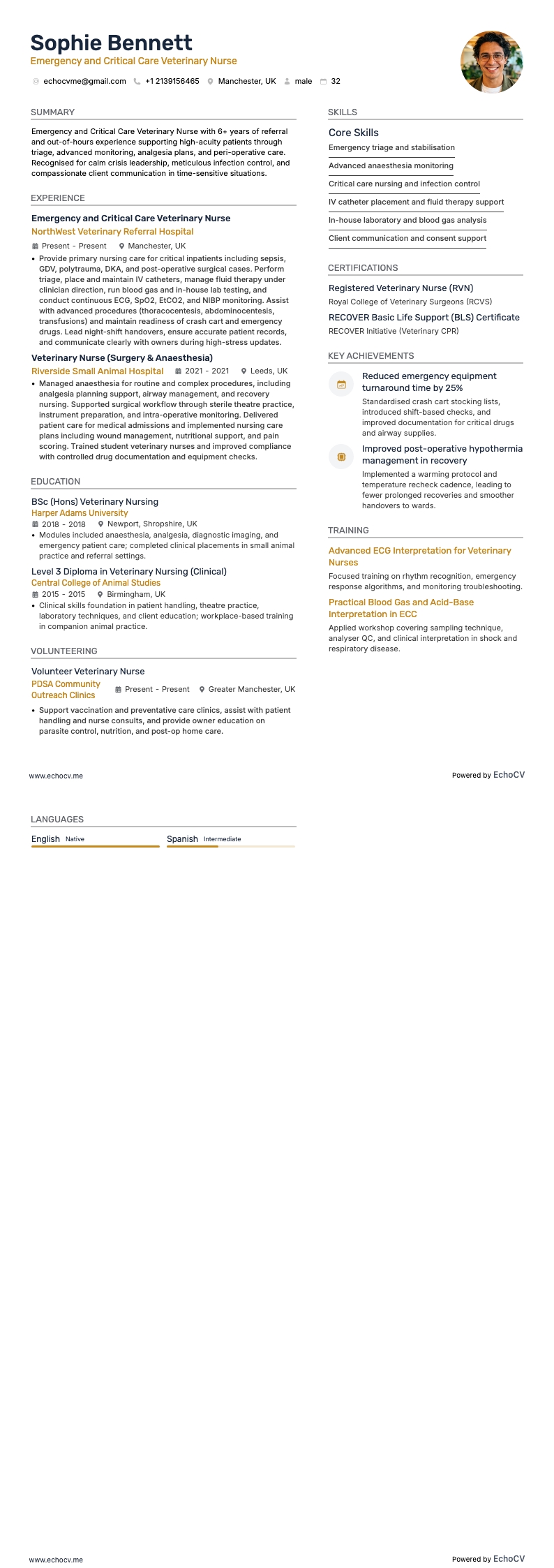 Emergency and Critical Care Veterinary Nurse example resume