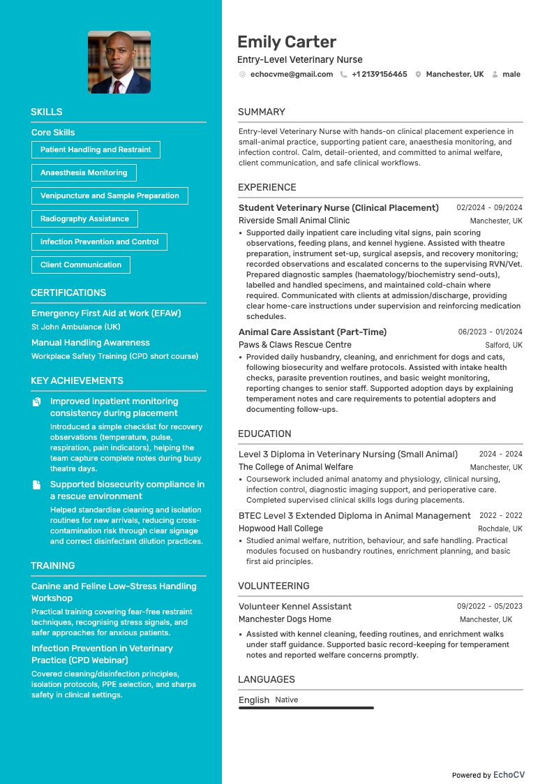 Entry-Level Veterinary Nurse example resume