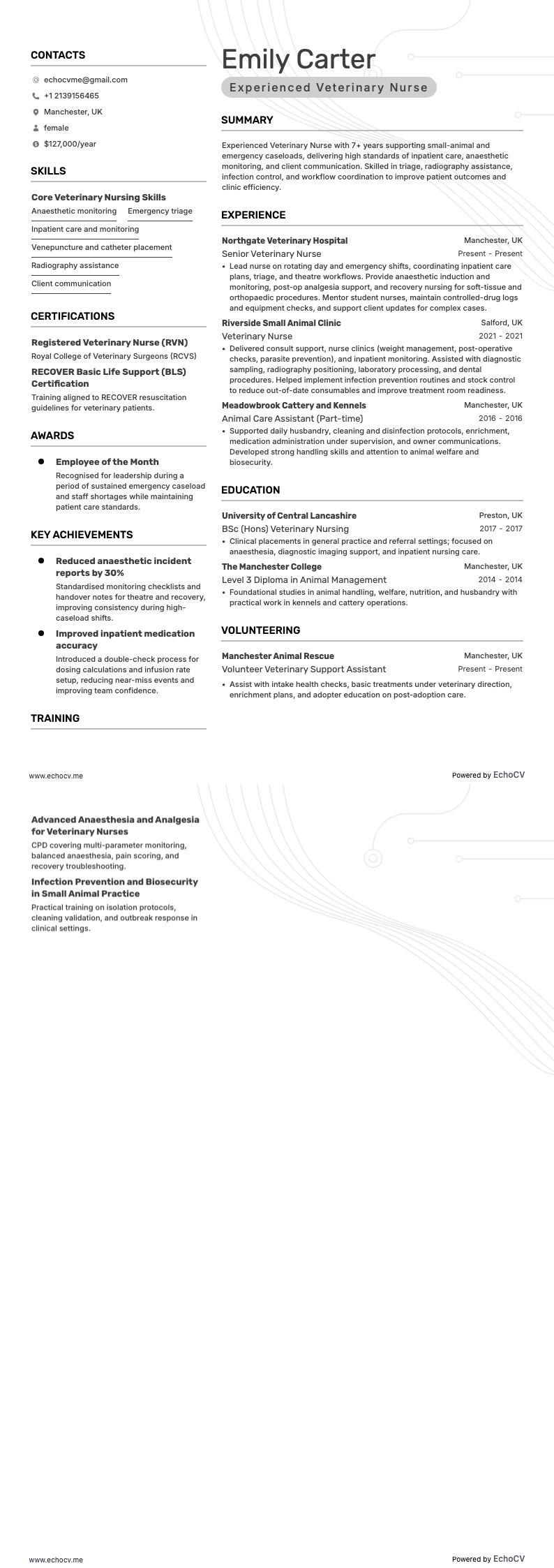 Experienced Veterinary Nurse example resume