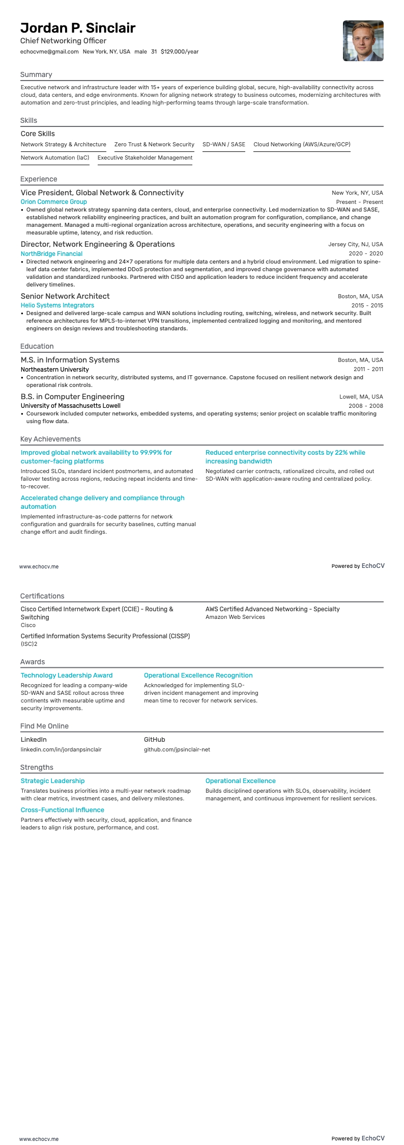 최고 네트워킹 책임자 example resume