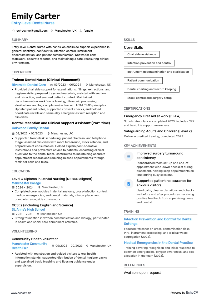 Entry-Level Dental Nurse example resume