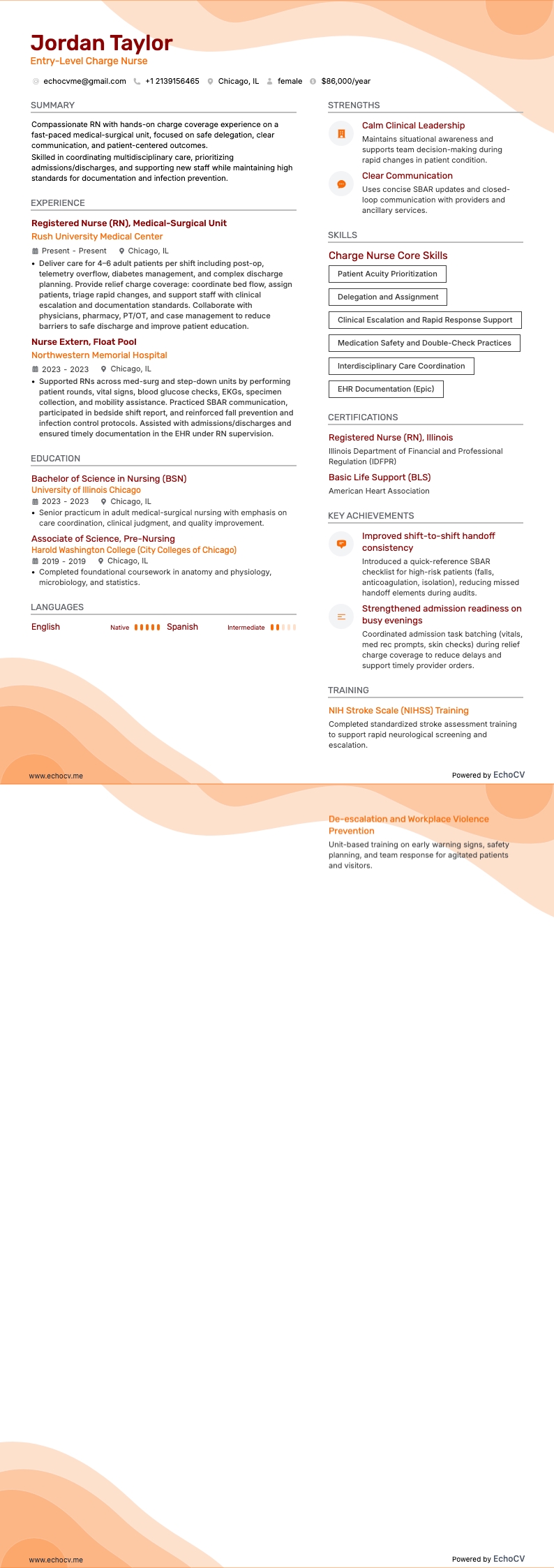 Entry-Level Charge Nurse example resume