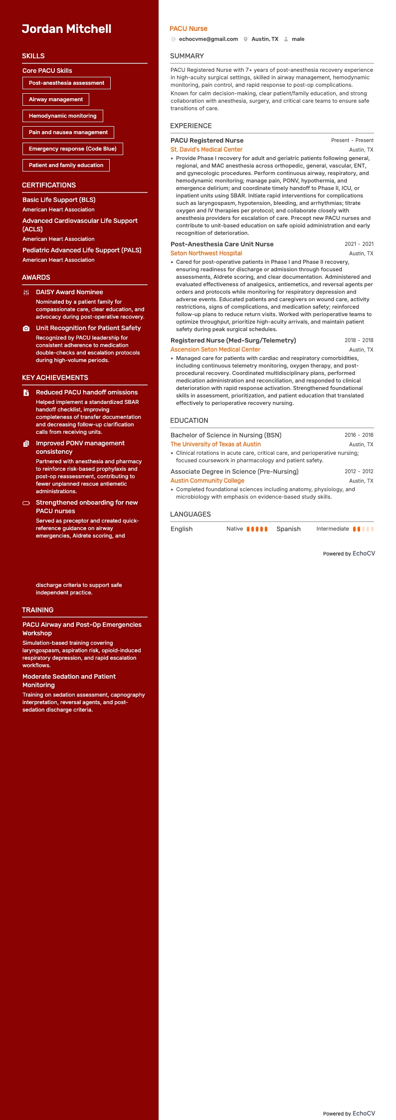 PACU護理師 resume example