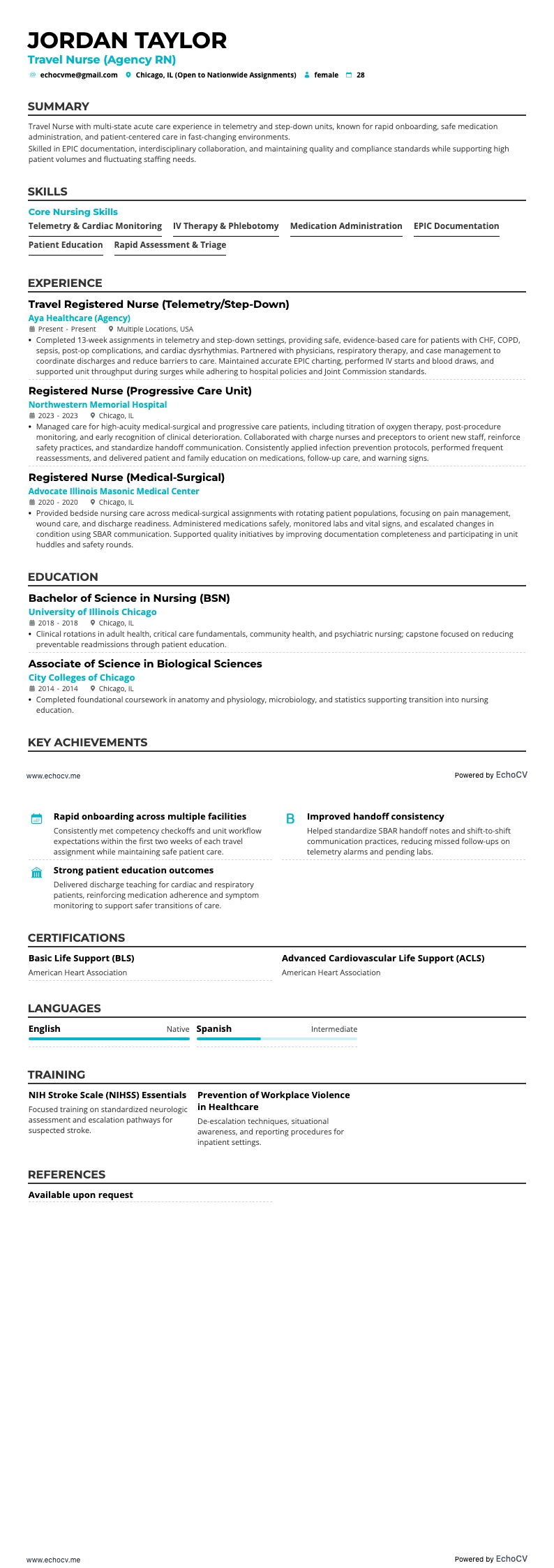 Y tá lưu động example resume