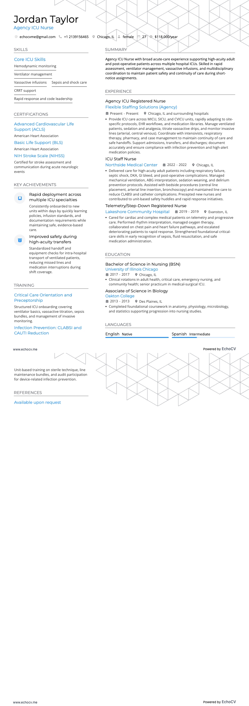 Điều dưỡng ICU hợp đồng resume example