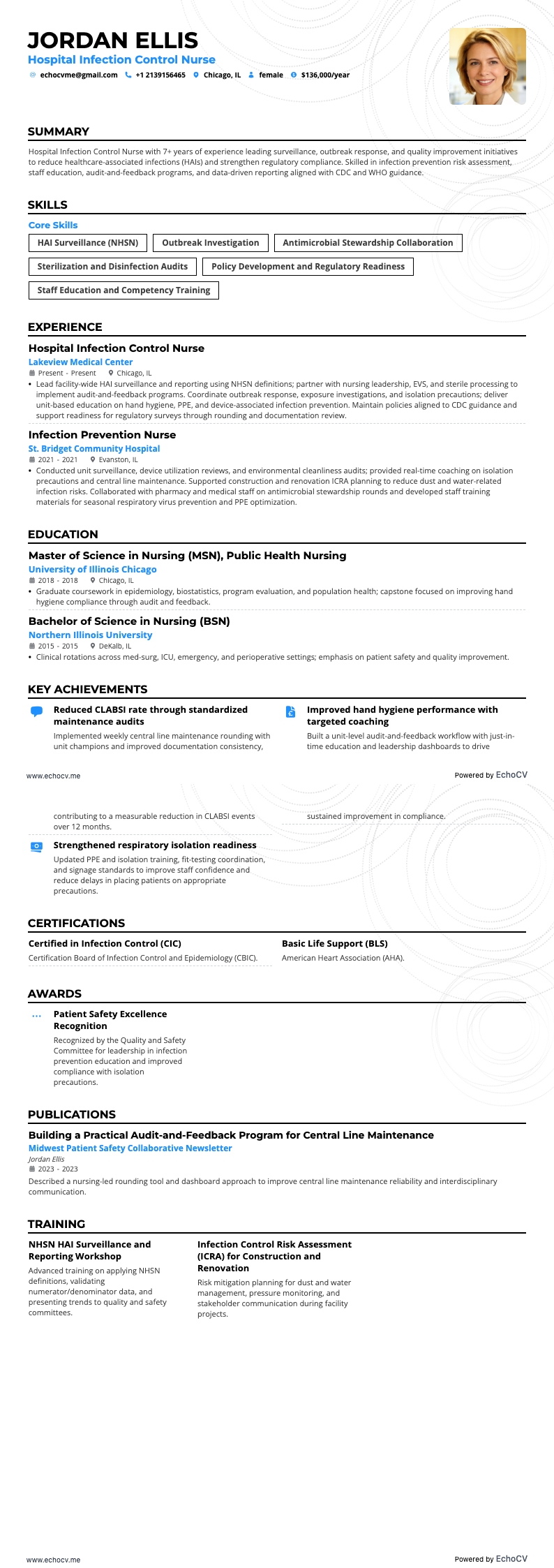 Hospital Infection Control Nurse example resume
