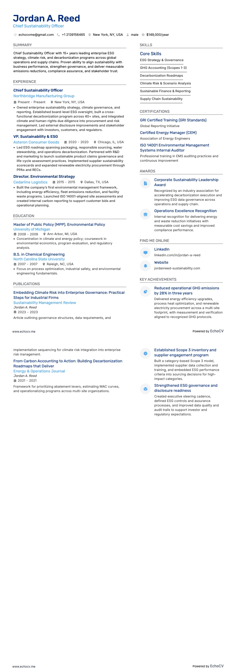 최고 지속가능성 책임자 example resume