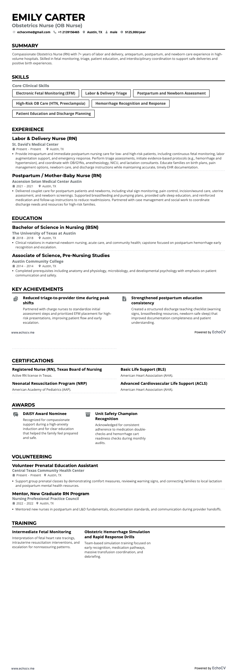 Obstetrics Nurse example resume