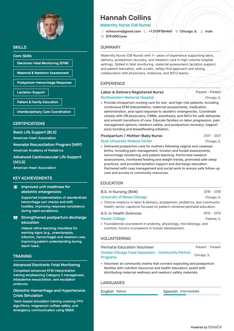 Maternity Nurse example resume