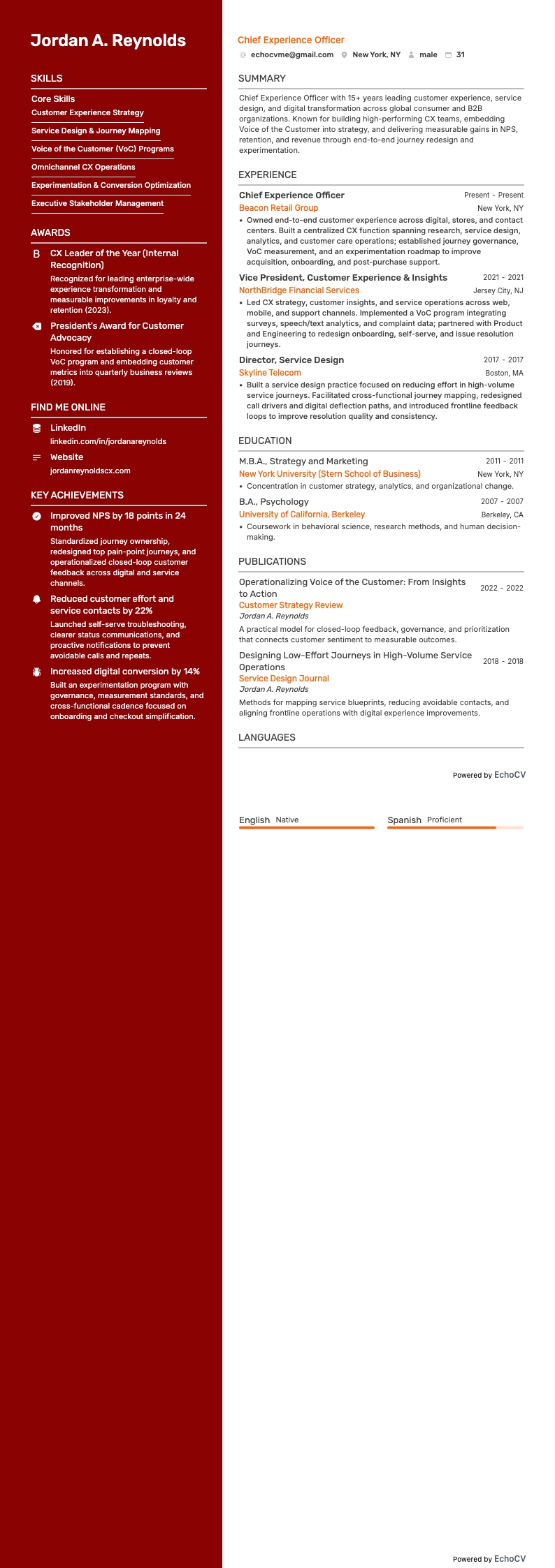 최고 경험 책임자 example resume