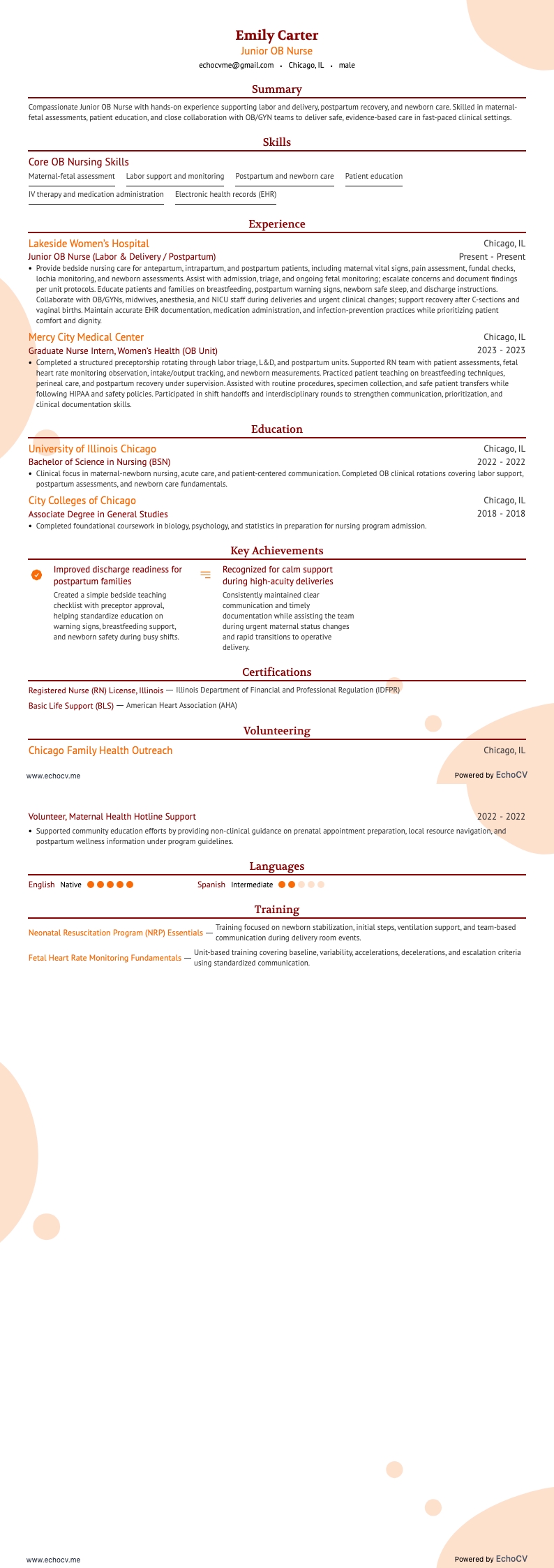 Junior OB Nurse example resume