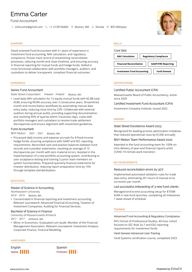 ファンド会計士 example resume