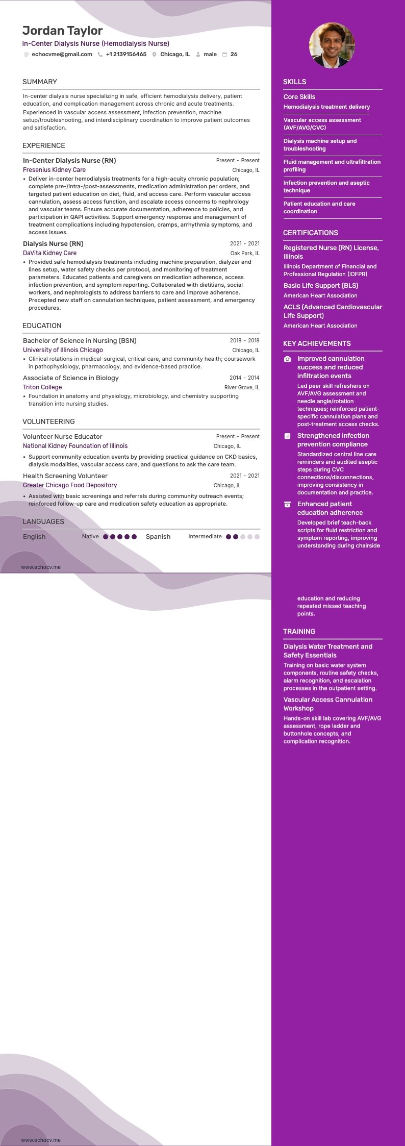 院内透析看護師 example resume