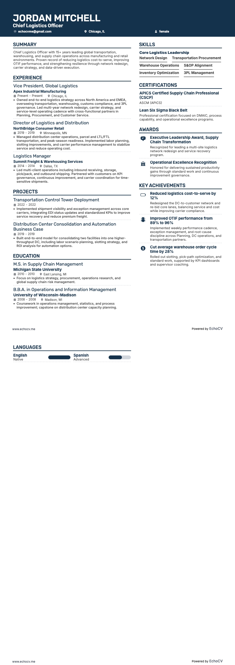 최고 물류 책임자 example resume