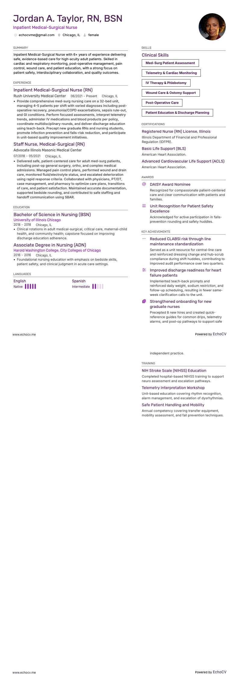 Enfermeiro(a) médico-cirúrgico(a) de internação example resume