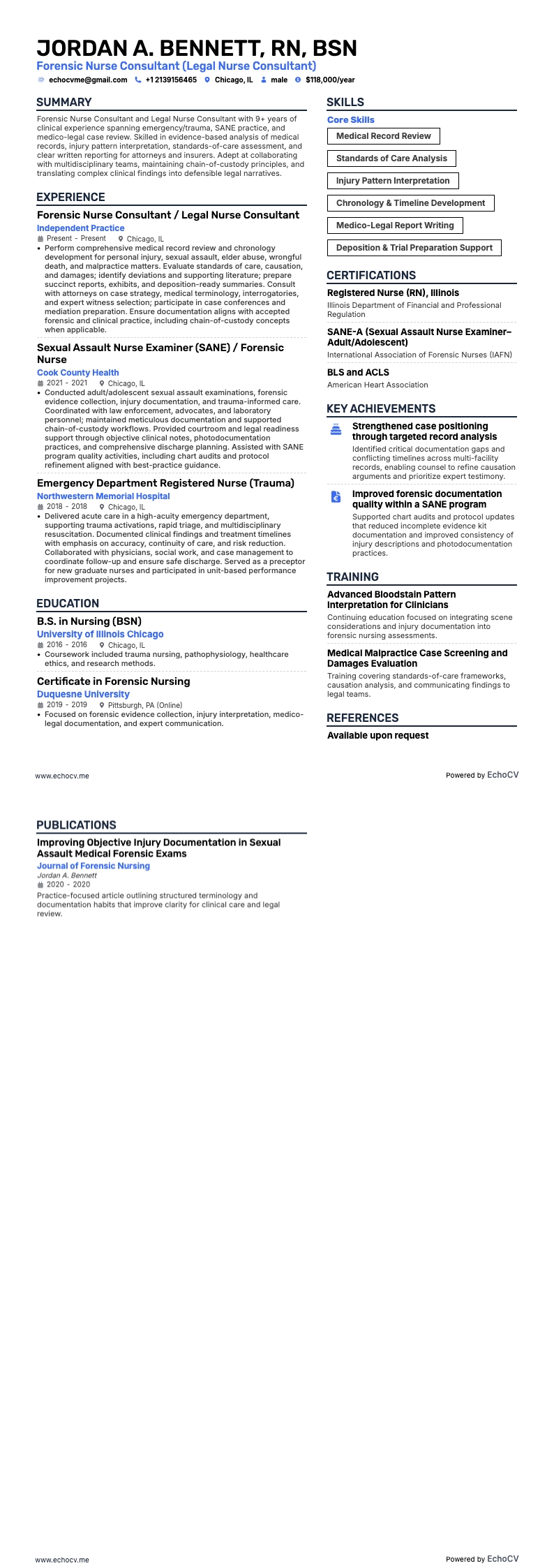 Forensic Nurse Consultant example resume