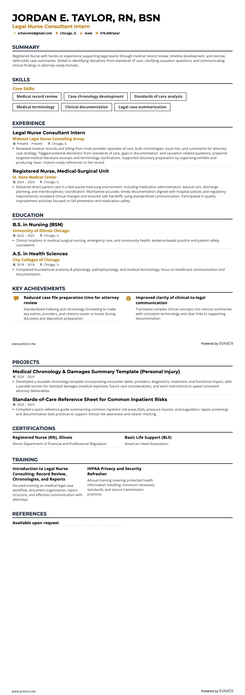 Legal Nurse Consultant Intern example resume