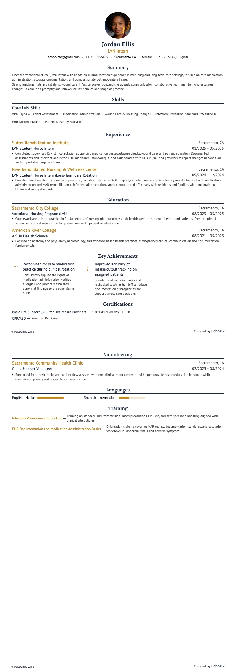 LVN 인턴 example resume