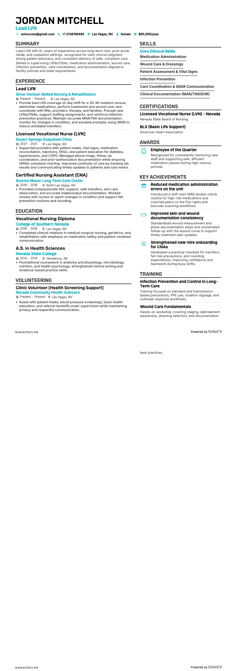 수석 LVN resume example