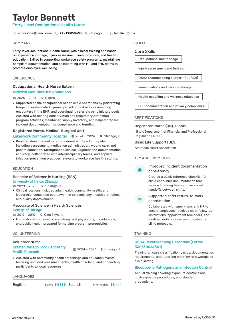 Entry-Level Occupational Health Nurse example resume