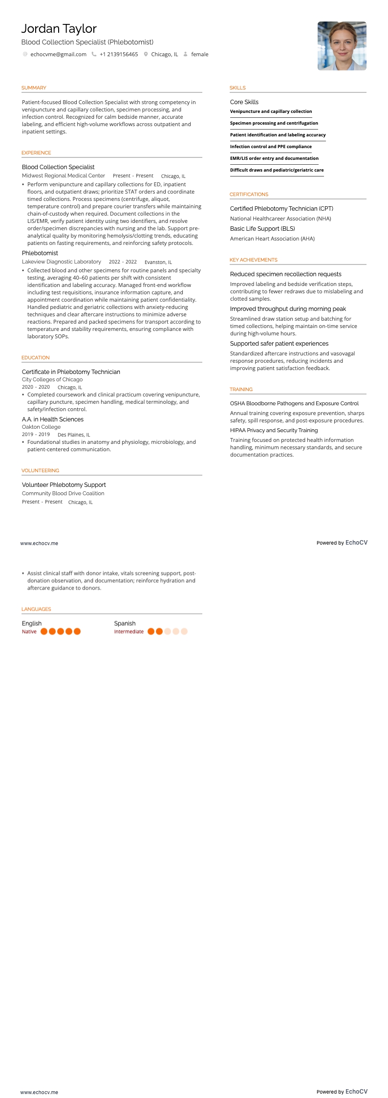 Blood Collection Specialist example resume