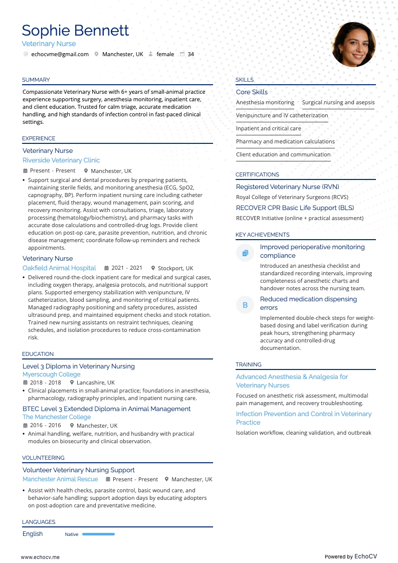 Veterinary Nurse example resume