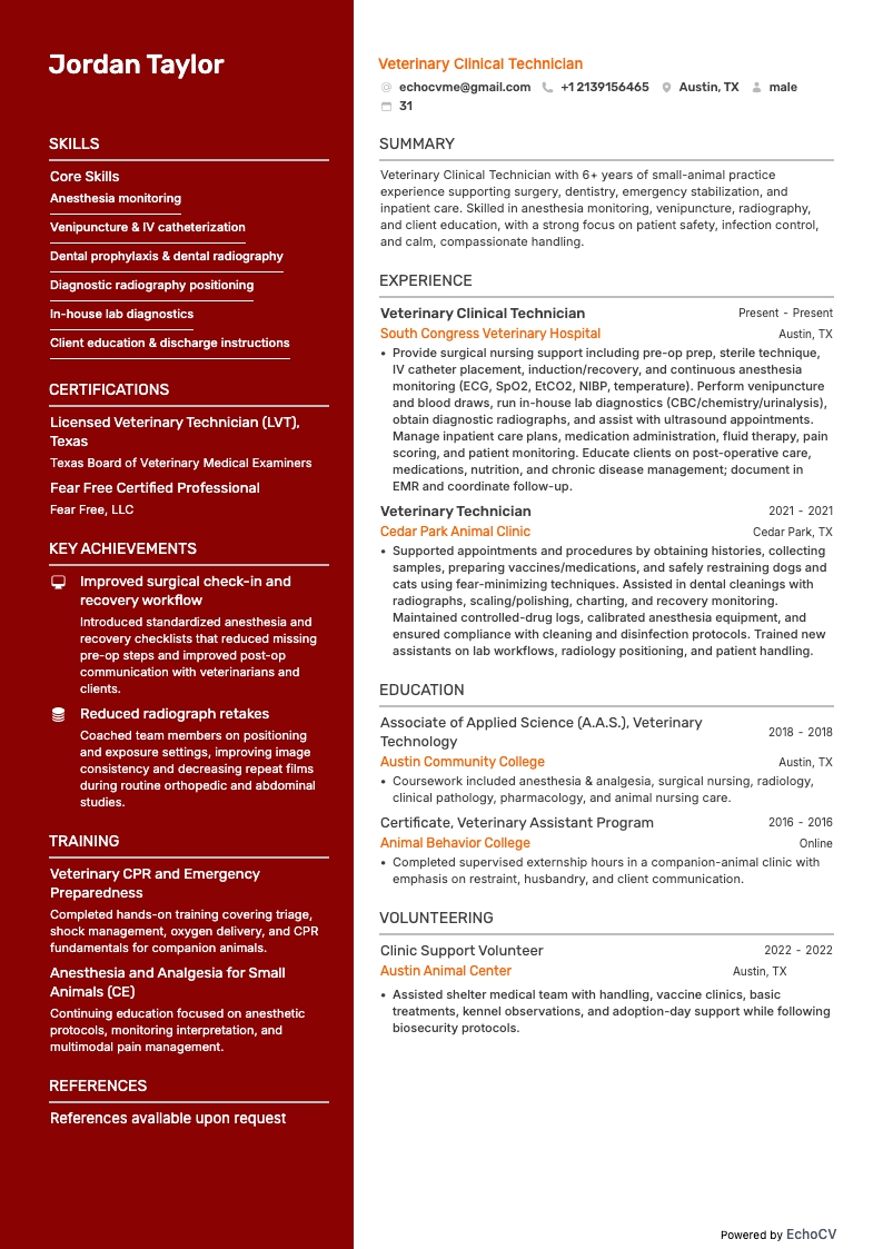 Veterinary Clinical Technician example resume