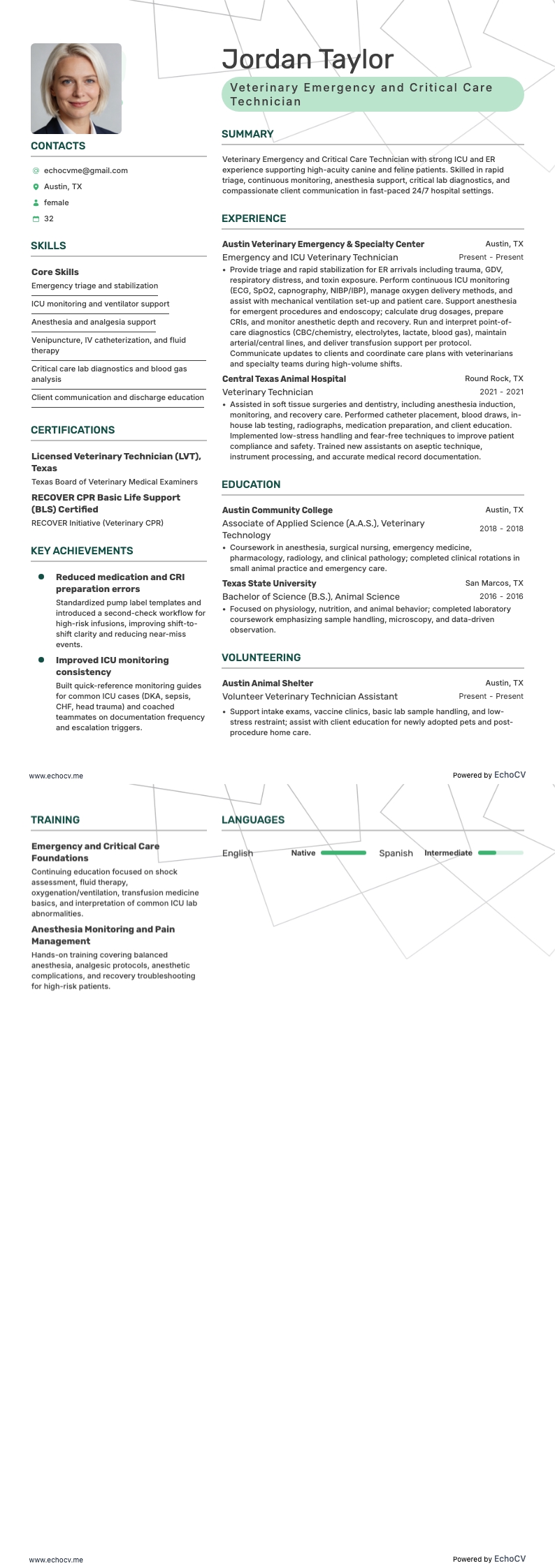 Veterinary Emergency and Critical Care Technician example resume