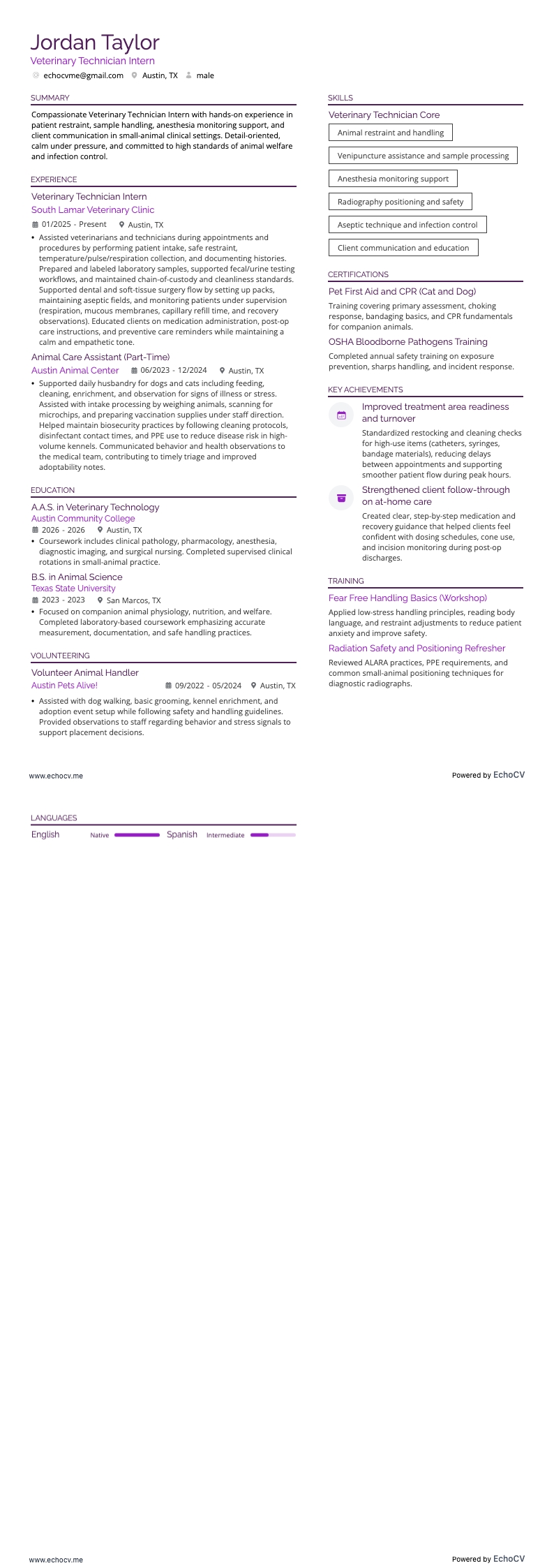 Veterinary Technician Intern example resume