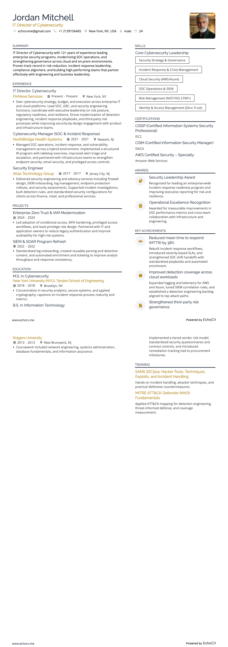 IT Director of Cybersecurity example resume