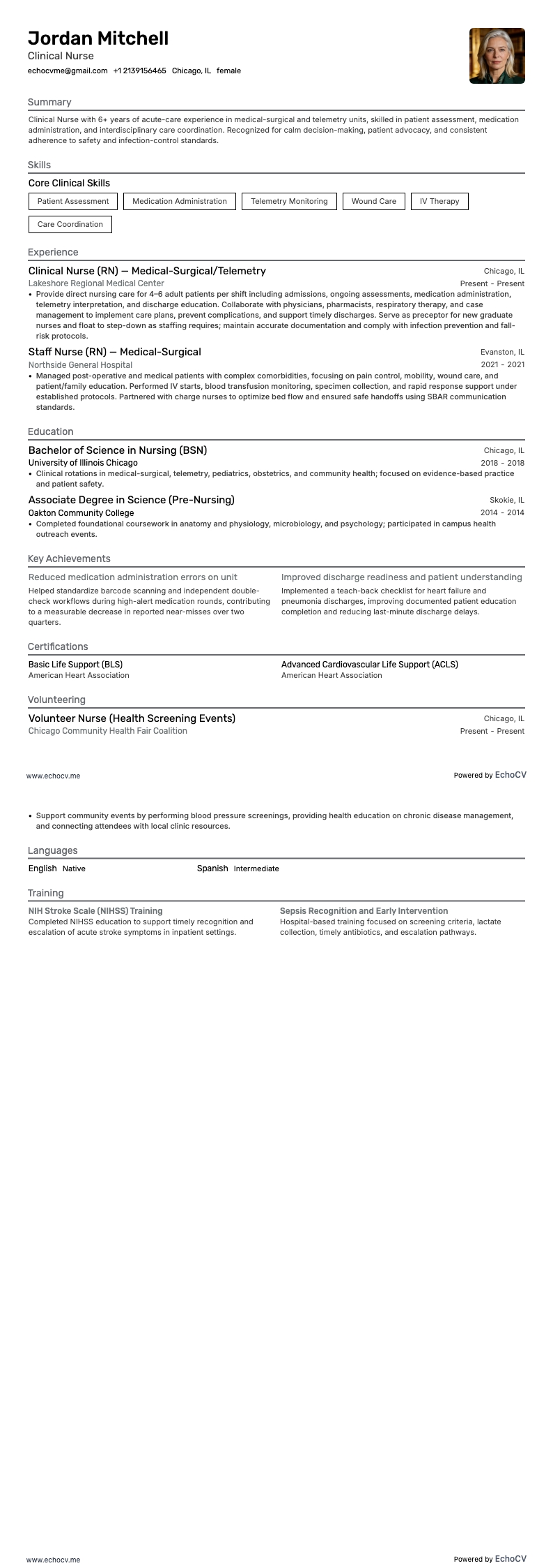 Clinical Nurse example resume