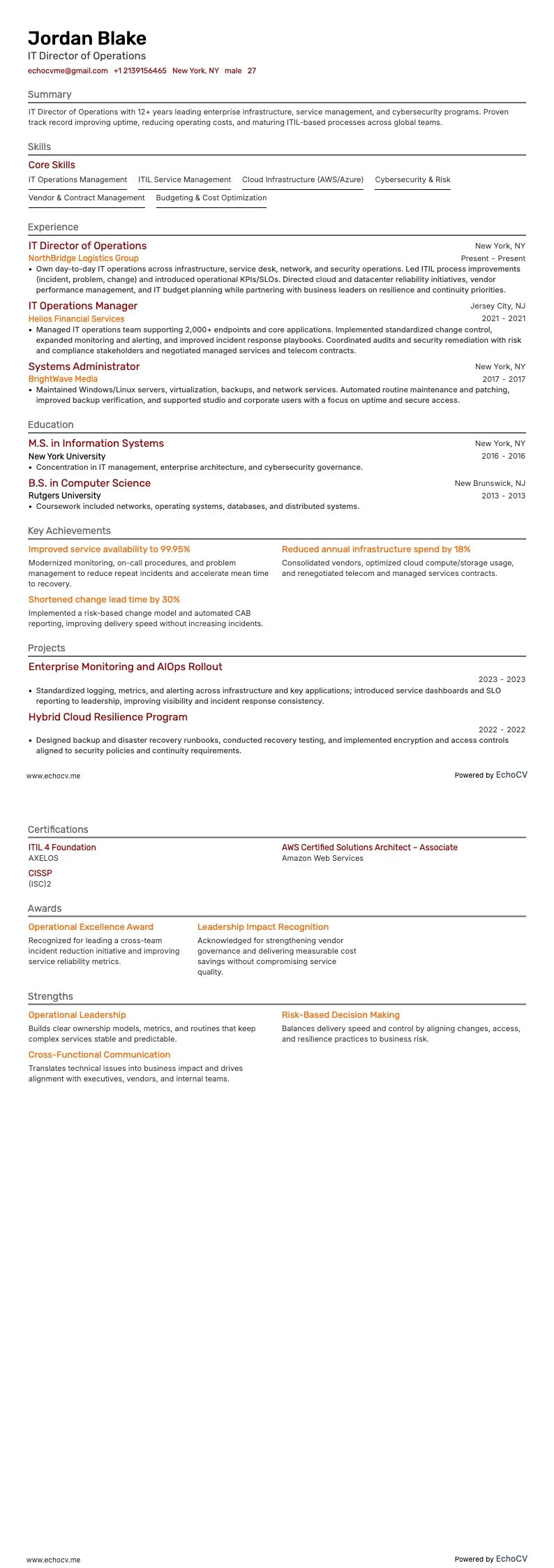 IT Director of Operations example resume