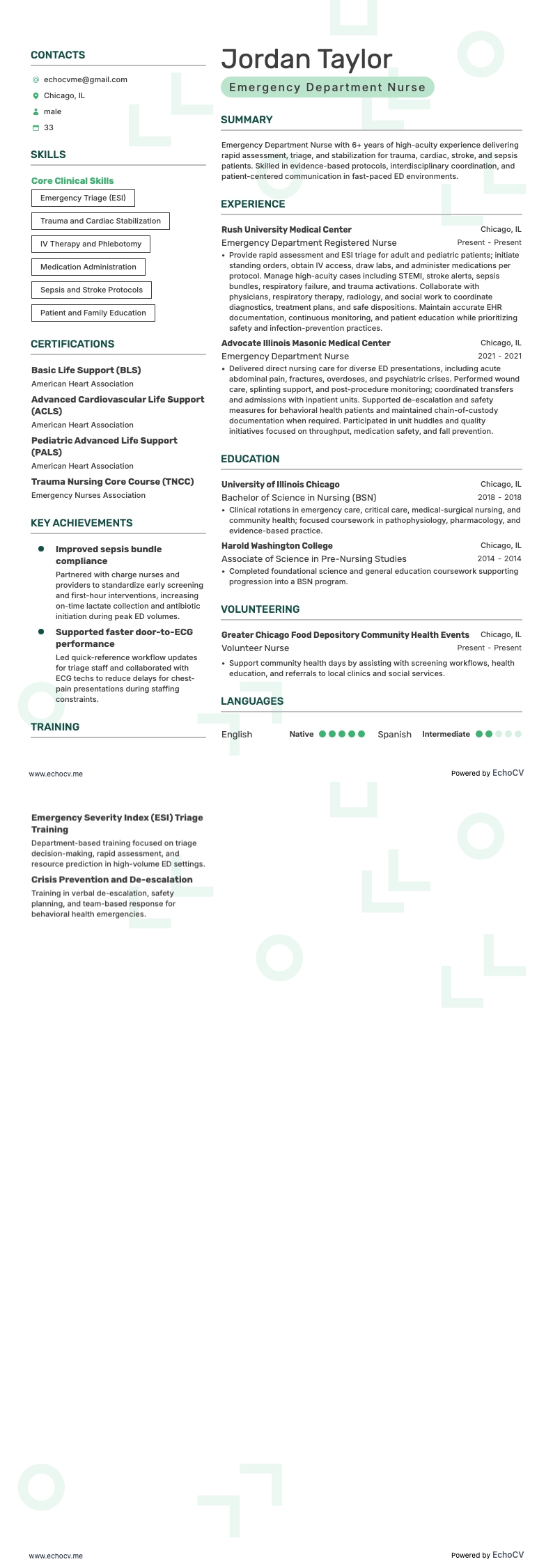Emergency Department Nurse example resume
