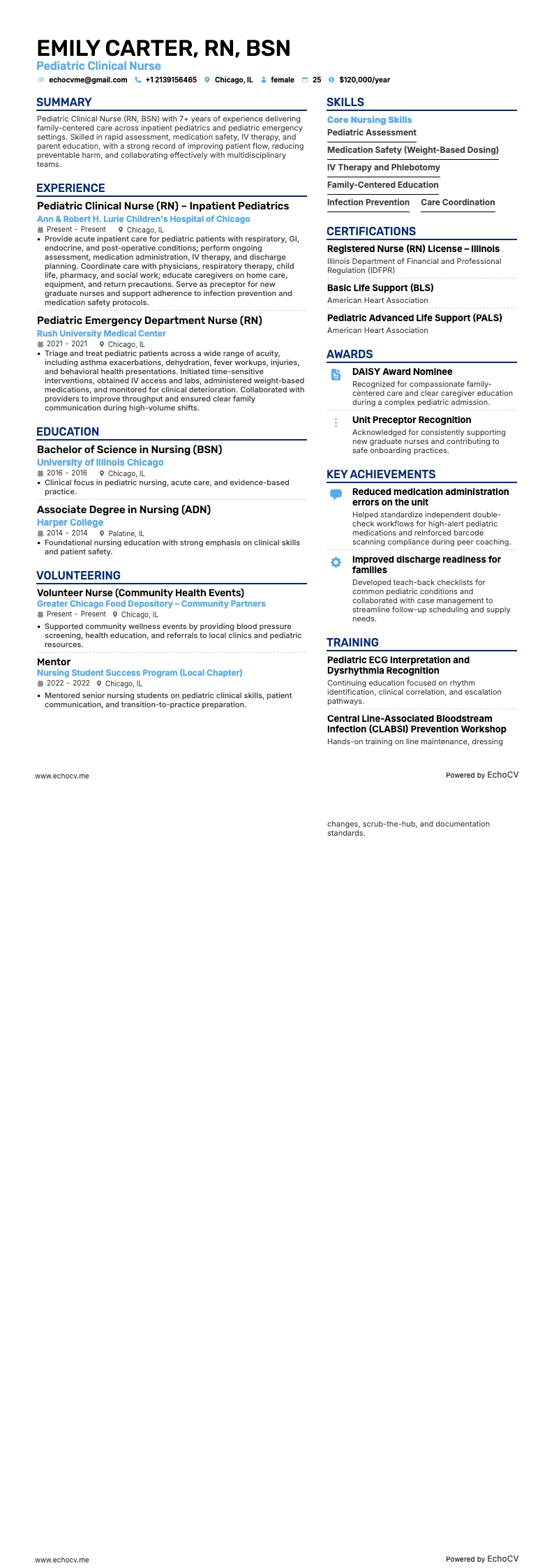 Pediatric Clinical Nurse example resume