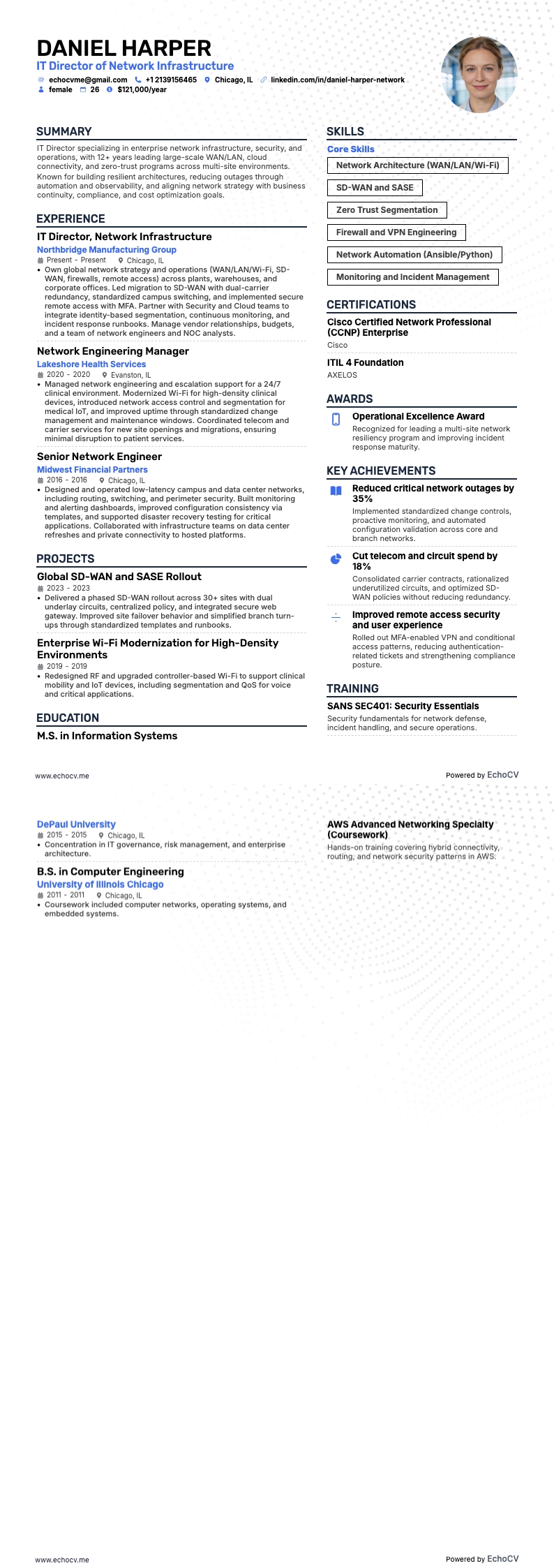 IT Director of Network Infrastructure example resume