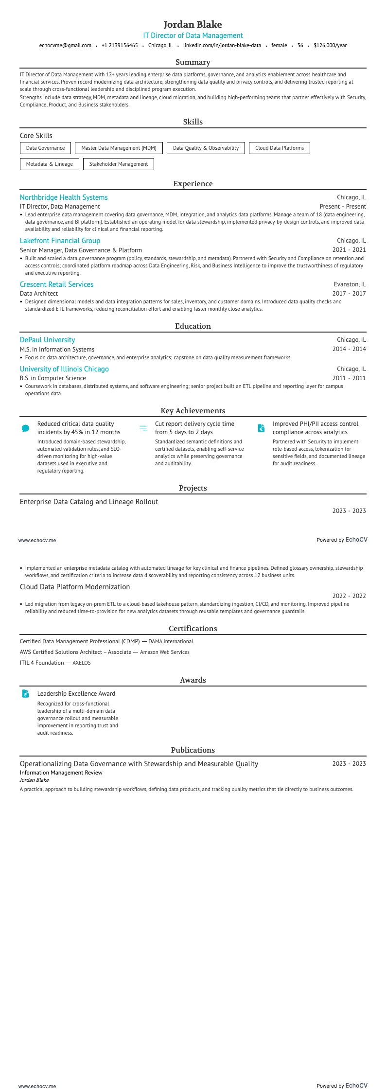 IT Director of Data Management example resume