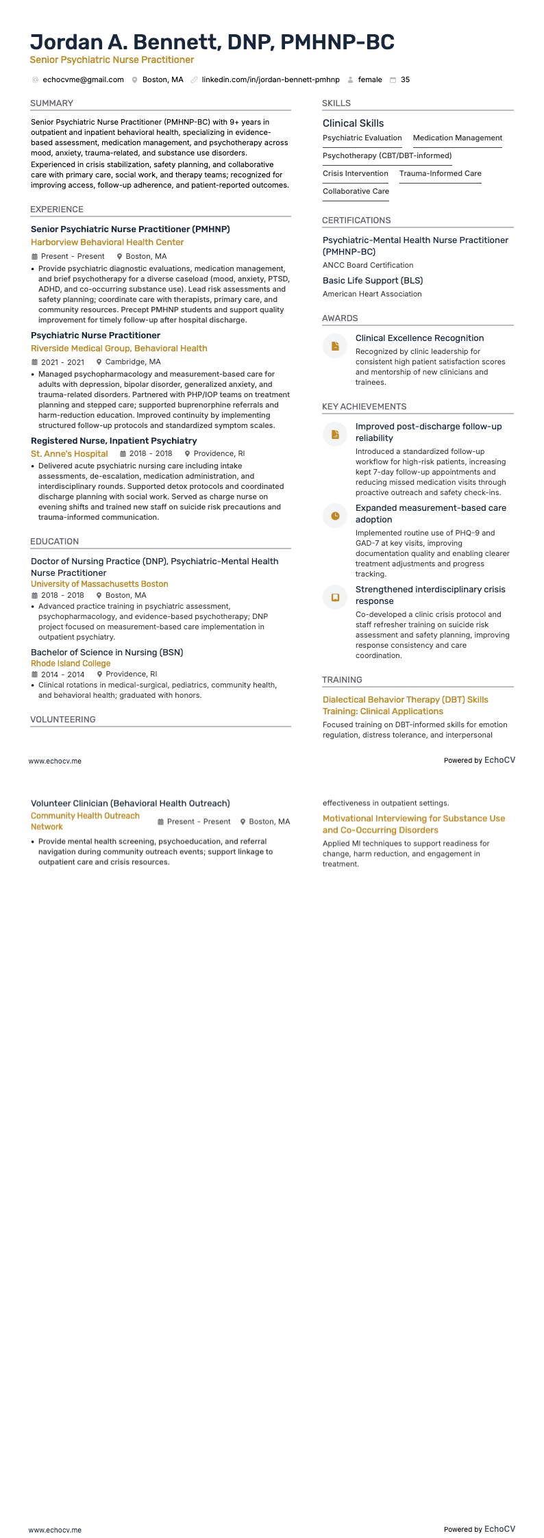 上級精神科ナースプラクティショナー resume example