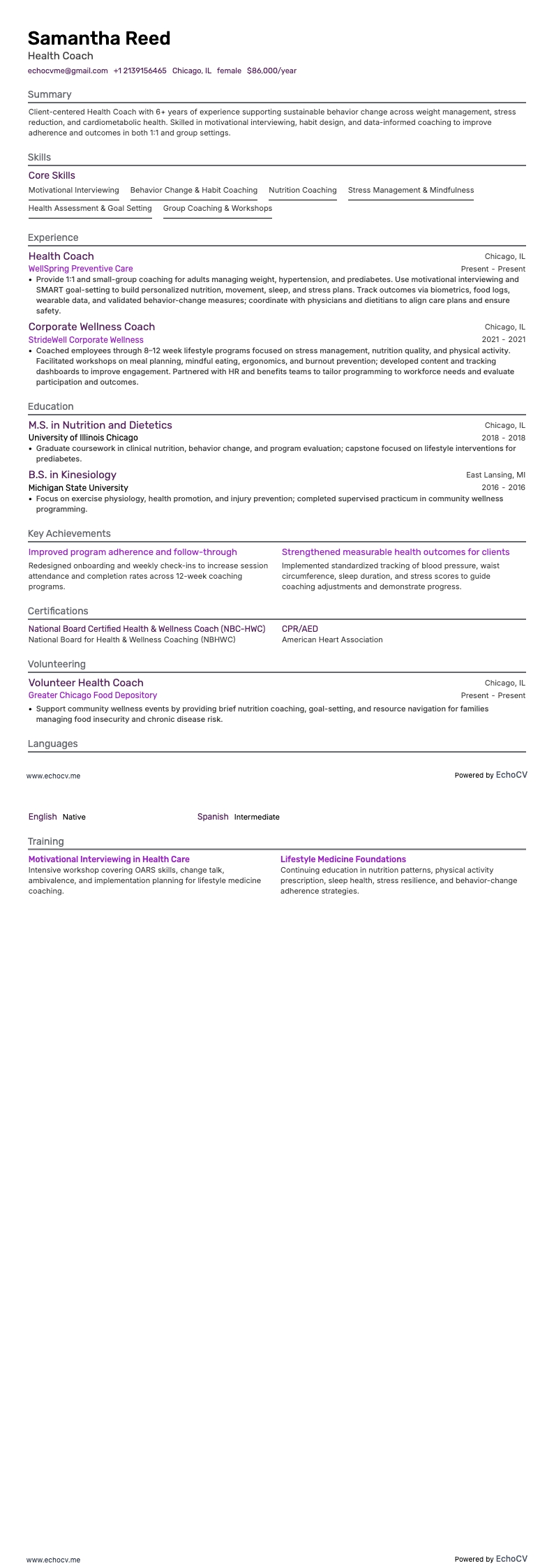 Coach de saúde example resume