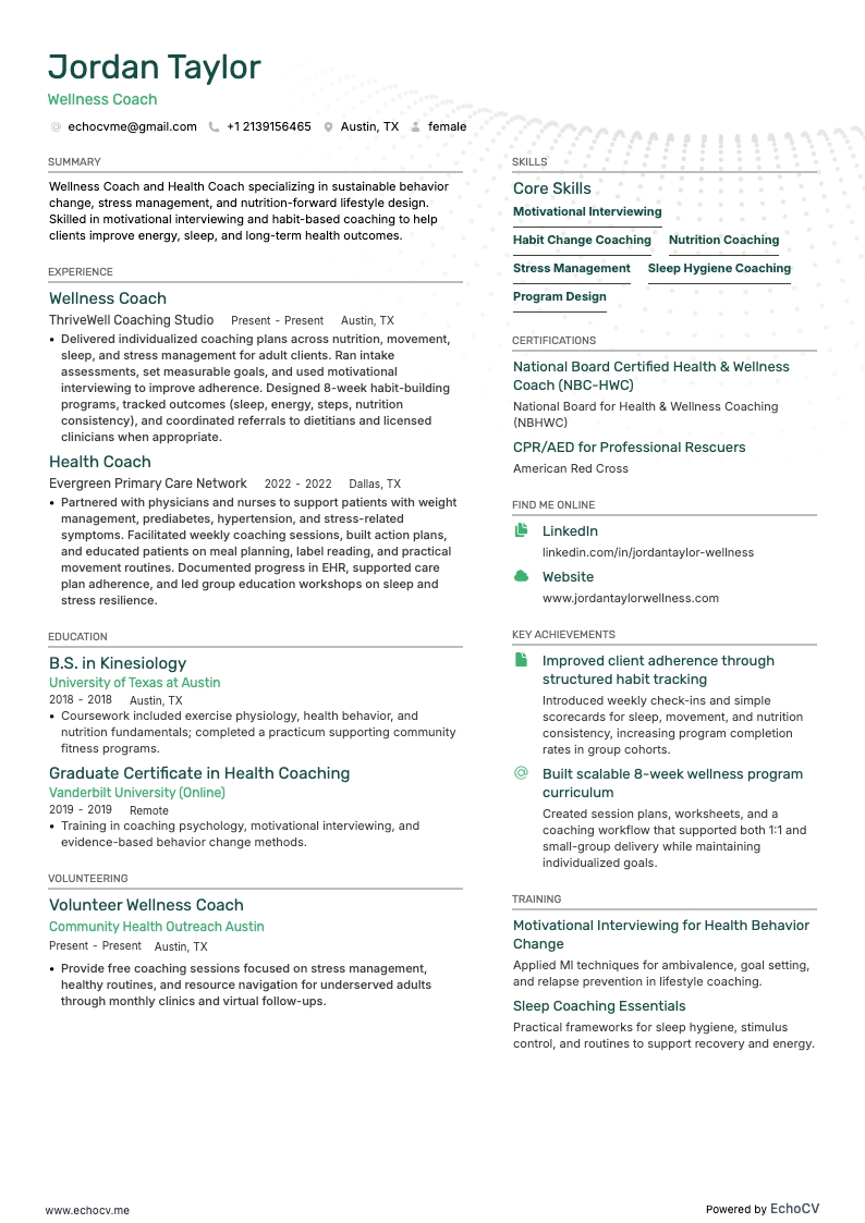 Coach de bem-estar example resume